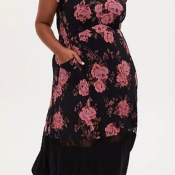 Torrid Floral Studio Knit Midi Dress Flutter Sleeves Lace Trim Black - Picture 2 of 11